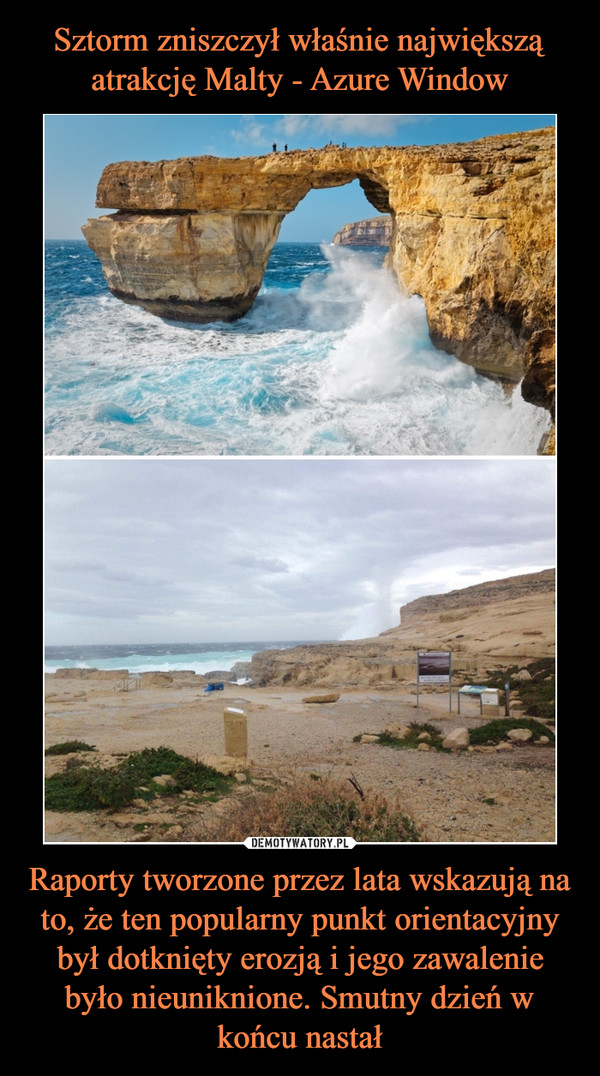 Sztorm zniszczył właśnie największą atrakcję Malty - Azure Window Raporty tworzone przez lata wskazują na to, że ten popularny punkt orientacyjny był dotknięty erozją i jego zawalenie było nieuniknione. Smutny dzień w końcu nastał