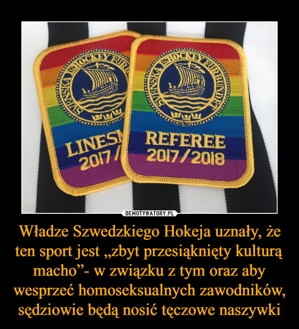 Władze Szwedzkiego Hokeja uznały, że ten sport jest „zbyt przesiąknięty kulturą macho”- w związku z tym oraz aby wesprzeć homoseksualnych zawodników, sędziowie będą nosić tęczowe naszywki –  referee