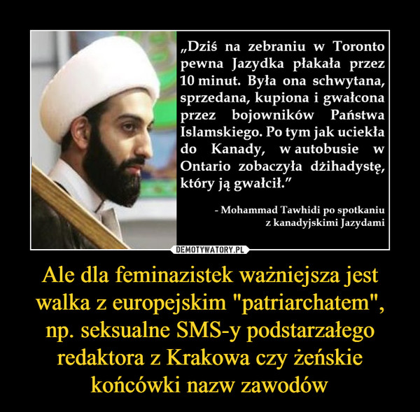 Ale dla feminazistek ważniejsza jest walka z europejskim "patriarchatem", np. seksualne SMS-y podstarzałego redaktora z Krakowa czy żeńskie końcówki nazw zawodów