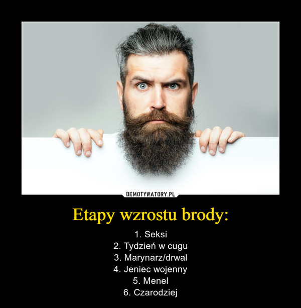 Etapy wzrostu brody: – 1. Seksi2. Tydzień w cugu3. Marynarz/drwal4. Jeniec wojenny5. Menel6. Czarodziej 