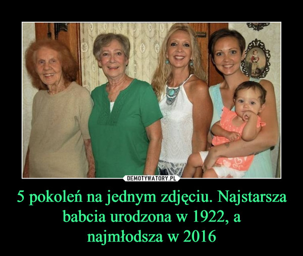 5 pokoleń na jednym zdjęciu. Najstarsza babcia urodzona w 1922, anajmłodsza w 2016 –  