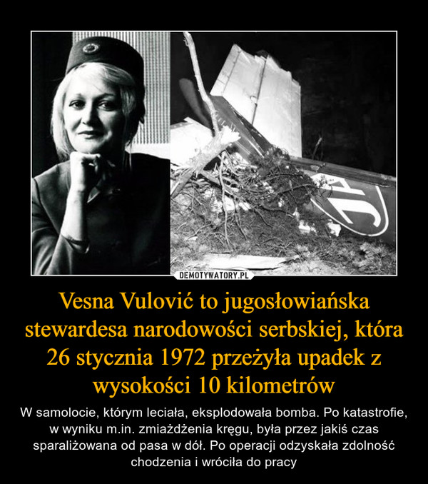 Vesna Vulović to jugosłowiańska stewardesa narodowości serbskiej, która 26 stycznia 1972 przeżyła upadek z wysokości 10 kilometrów – W samolocie, którym leciała, eksplodowała bomba. Po katastrofie, w wyniku m.in. zmiażdżenia kręgu, była przez jakiś czas sparaliżowana od pasa w dół. Po operacji odzyskała zdolność chodzenia i wróciła do pracy 