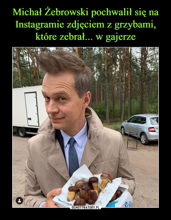 Michał Żebrowski pochwalił się na Instagramie zdjęciem z grzybami, które zebrał... w gajerze