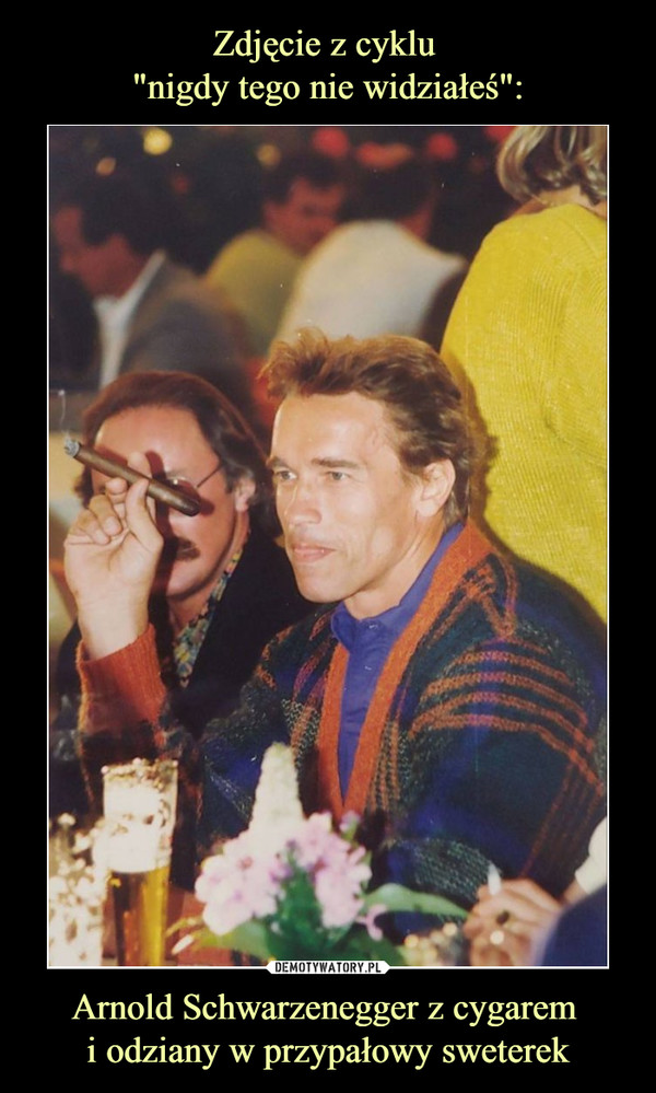 Arnold Schwarzenegger z cygarem i odziany w przypałowy sweterek –  