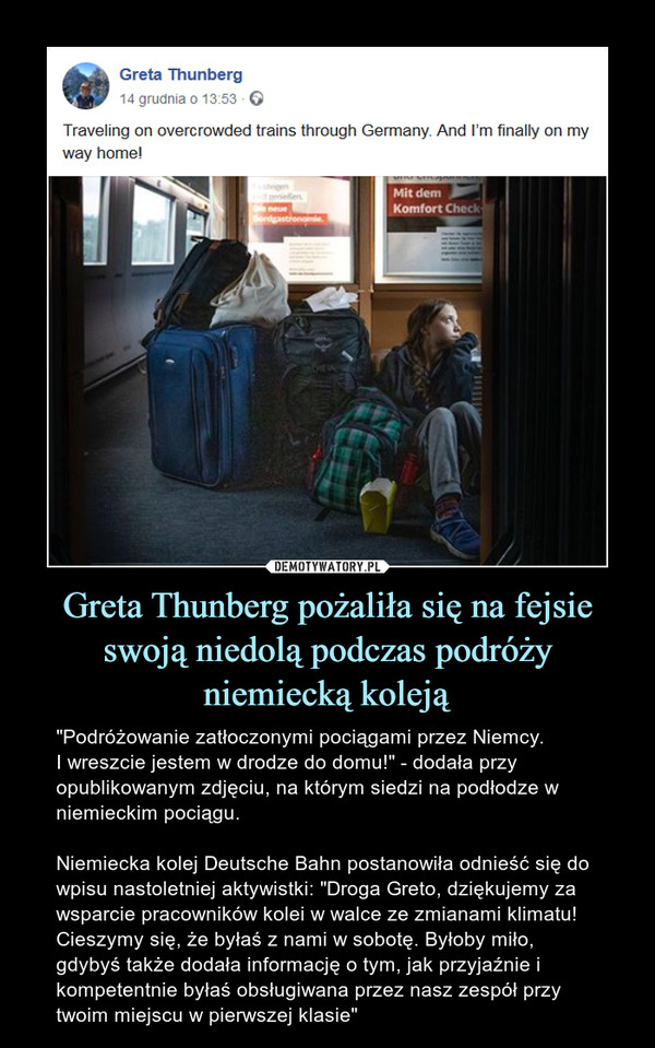 Greta Thunberg pożaliła się na fejsie swoją niedolą podczas podróży niemiecką koleją