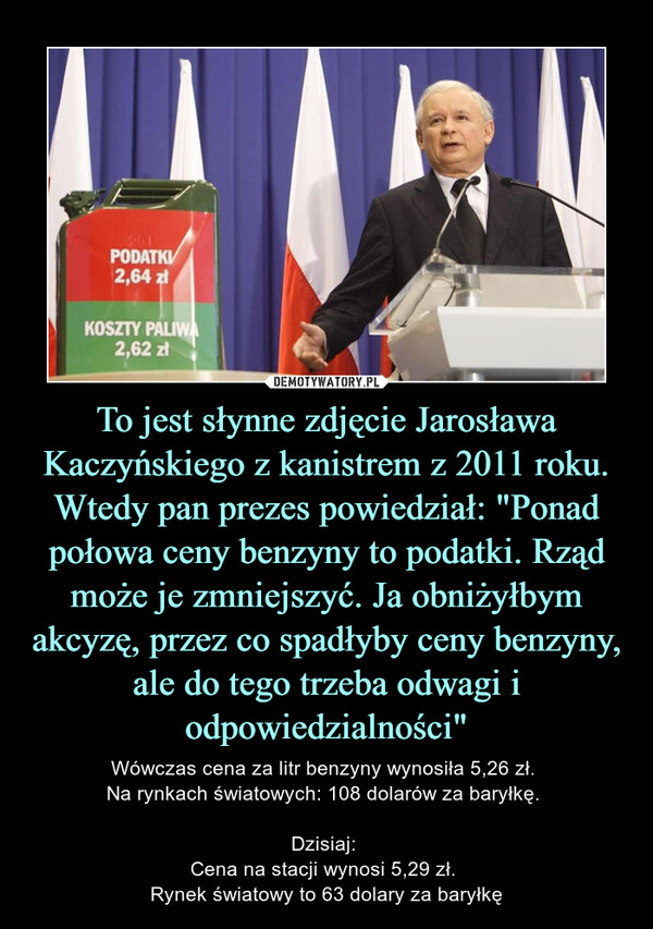 To jest słynne zdjęcie Jarosława Kaczyńskiego z kanistrem z 2011 roku. Wtedy pan prezes powiedział: "Ponad połowa ceny benzyny to podatki. Rząd może je zmniejszyć. Ja obniżyłbym akcyzę, przez co spadłyby ceny benzyny, ale do tego trzeba odwagi i odpowiedzialności"