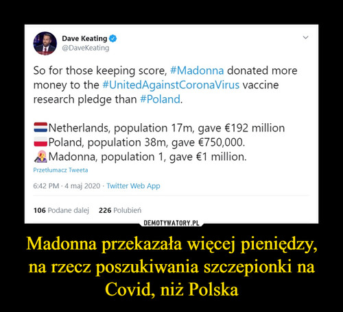 Madonna przekazała więcej pieniędzy, na rzecz poszukiwania szczepionki na Covid, niż Polska