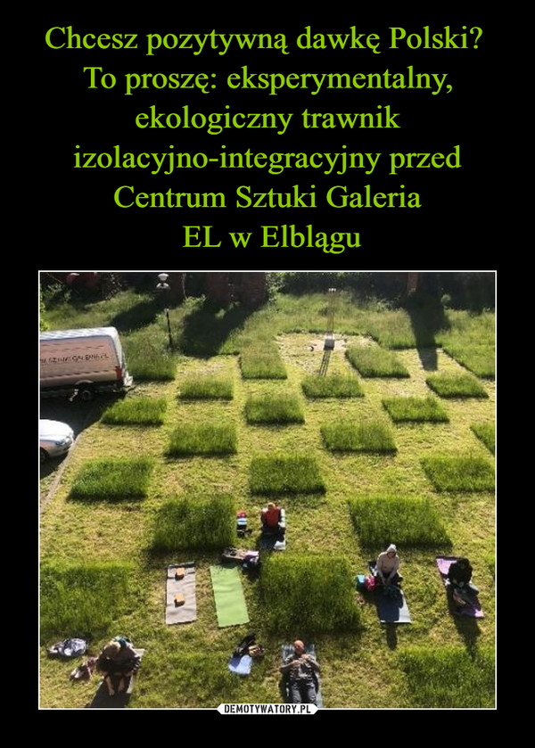 Chcesz pozytywną dawkę Polski? 
To proszę: eksperymentalny, ekologiczny trawnik izolacyjno-integracyjny przed Centrum Sztuki Galeria
 EL w Elblągu