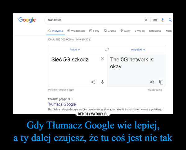 Gdy Tłumacz Google wie lepiej,a ty dalej czujesz, że tu coś jest nie tak –  Google translator Sieć 5G szkodzi The 5G network is ok Polski Angielski
