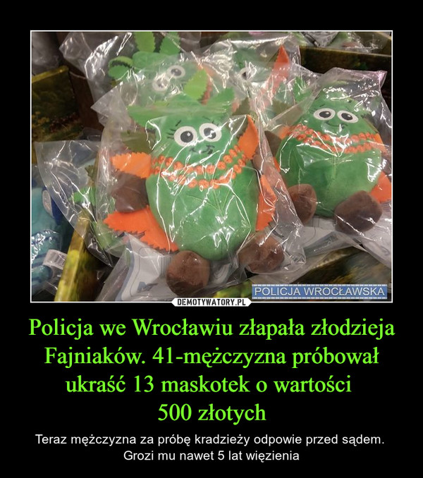 Policja we Wrocławiu złapała złodzieja Fajniaków. 41-mężczyzna próbował ukraść 13 maskotek o wartości 
500 złotych