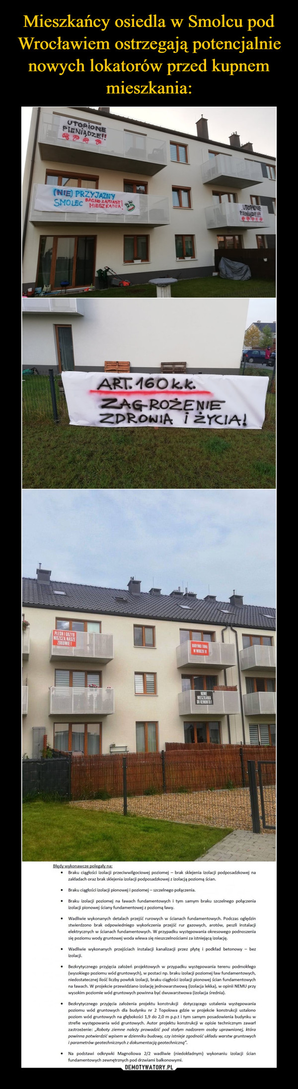 Mieszkańcy osiedla w Smolcu pod Wrocławiem ostrzegają potencjalnie nowych lokatorów przed kupnem mieszkania: