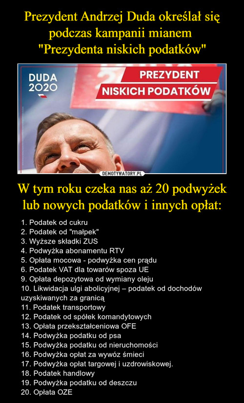 Prezydent Andrzej Duda określał się podczas kampanii mianem 
"Prezydenta niskich podatków" W tym roku czeka nas aż 20 podwyżek lub nowych podatków i innych opłat: