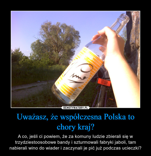 Uważasz, że współczesna Polska to chory kraj? – A co, jeśli ci powiem, że za komuny ludzie zbierali się w trzydziestoosobowe bandy i szturmowali fabryki jaboli, tam nabierali wino do wiader i zaczynali je pić już podczas ucieczki? 