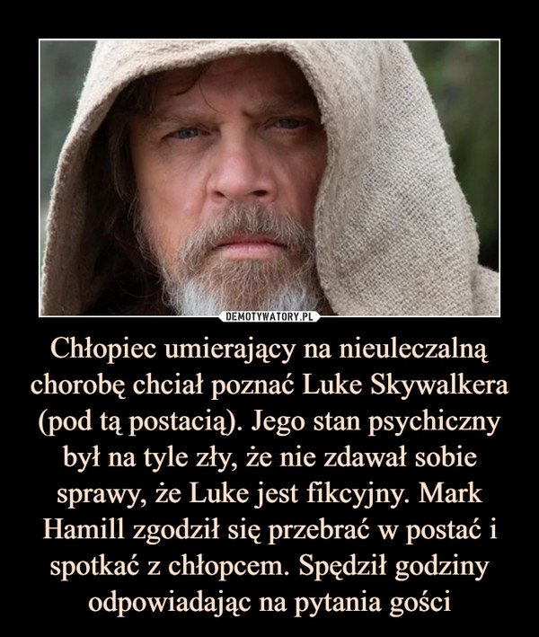 Chłopiec umierający na nieuleczalną chorobę chciał poznać Luke Skywalkera (pod tą postacią). Jego stan psychiczny był na tyle zły, że nie zdawał sobie sprawy, że Luke jest fikcyjny. Mark Hamill zgodził się przebrać w postać i spotkać z chłopcem. Spędził godziny odpowiadając na pytania gości