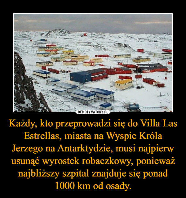 Każdy, kto przeprowadzi się do Villa Las Estrellas, miasta na Wyspie Króla Jerzego na Antarktydzie, musi najpierw usunąć wyrostek robaczkowy, ponieważ najbliższy szpital znajduje się ponad 1000 km od osady. –  