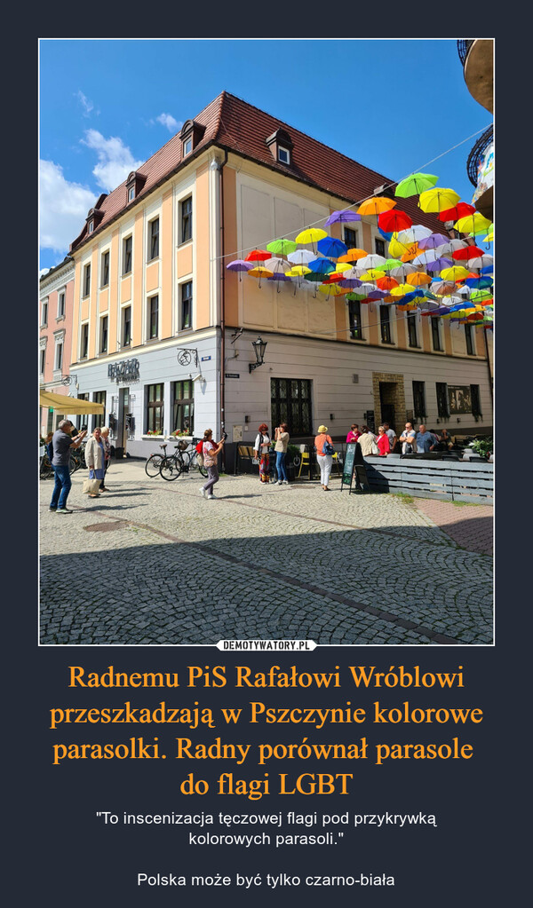 Radnemu PiS Rafałowi Wróblowi przeszkadzają w Pszczynie kolorowe parasolki. Radny porównał parasole do flagi LGBT – "To inscenizacja tęczowej flagi pod przykrywkąkolorowych parasoli."Polska może być tylko czarno-biała 