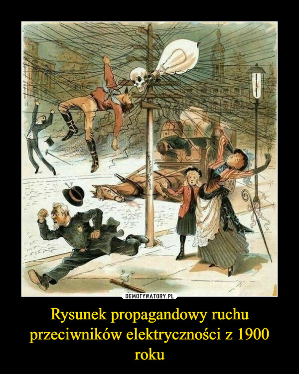 Rysunek propagandowy ruchu przeciwników elektryczności z 1900 roku