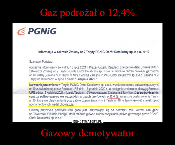 Gaz podrożał o 12,4% Gazowy demotywator
