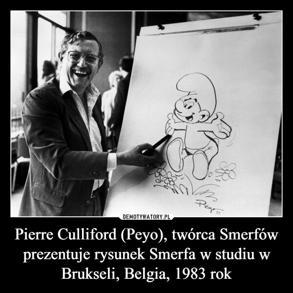 Pierre Culliford (Peyo), twórca Smerfów prezentuje rysunek Smerfa w studiu w Brukseli, Belgia, 1983 rok –  