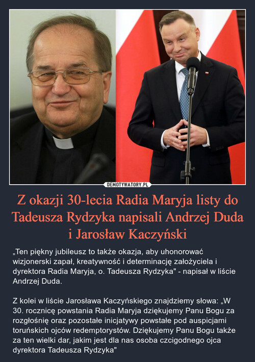 Z okazji 30-lecia Radia Maryja listy do Tadeusza Rydzyka napisali Andrzej Duda i Jarosław Kaczyński