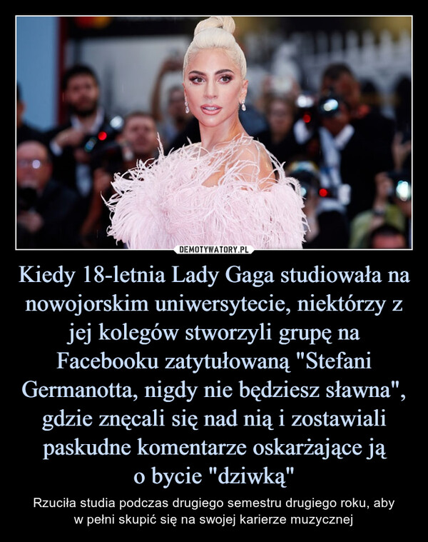 Kiedy 18-letnia Lady Gaga studiowała na nowojorskim uniwersytecie, niektórzy z jej kolegów stworzyli grupę na Facebooku zatytułowaną "Stefani Germanotta, nigdy nie będziesz sławna", gdzie znęcali się nad nią i zostawiali paskudne komentarze oskarżające jąo bycie "dziwką" – Rzuciła studia podczas drugiego semestru drugiego roku, abyw pełni skupić się na swojej karierze muzycznej 