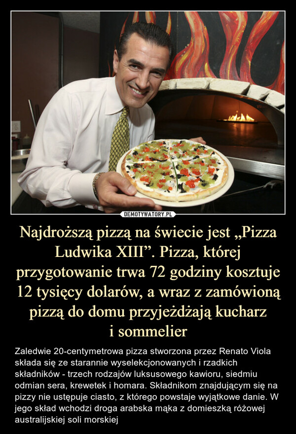 Najdroższą pizzą na świecie jest „Pizza Ludwika XIII”. Pizza, której przygotowanie trwa 72 godziny kosztuje 12 tysięcy dolarów, a wraz z zamówioną pizzą do domu przyjeżdżają kucharzi sommelier – Zaledwie 20-centymetrowa pizza stworzona przez Renato Viola składa się ze starannie wyselekcjonowanych i rzadkich składników - trzech rodzajów luksusowego kawioru, siedmiu odmian sera, krewetek i homara. Składnikom znajdującym się na pizzy nie ustępuje ciasto, z którego powstaje wyjątkowe danie. W jego skład wchodzi droga arabska mąka z domieszką różowej australijskiej soli morskiej Zaledwie 20-centymetrowa pizza stworzona przez Renato Viola składa się ze starannie wyselekcjonowanych i rzadkich składników - trzech rodzajów luksusowego kawioru, siedmiu odmian sera, krewetek i homara. Składnikom znajdującym się na pizzy nie ustępuje ciasto, z którego powstaje wyjątkowe danie. W jego skład wchodzi droga arabska mąka z domieszką różowej australijskiej soli morskiej.