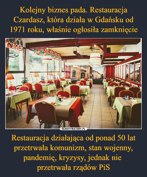Kolejny biznes pada. Restauracja Czardasz, która działa w Gdańsku od 1971 roku, właśnie ogłosiła zamknięcie Restauracja działająca od ponad 50 lat przetrwała komunizm, stan wojenny, pandemię, kryzysy, jednak nie 
przetrwała rządów PiS