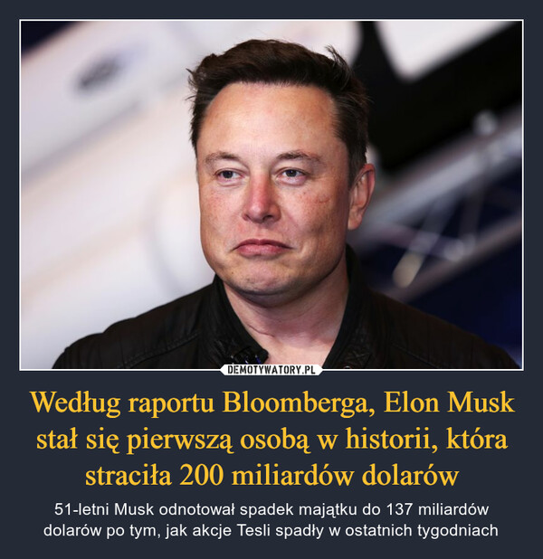 Według raportu Bloomberga, Elon Musk stał się pierwszą osobą w historii, która straciła 200 miliardów dolarów
