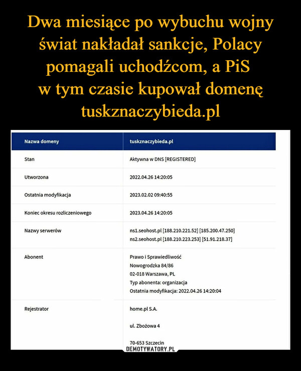 Dwa miesiące po wybuchu wojny świat nakładał sankcje, Polacy pomagali uchodźcom, a PiS 
w tym czasie kupował domenę tuskznaczybieda.pl