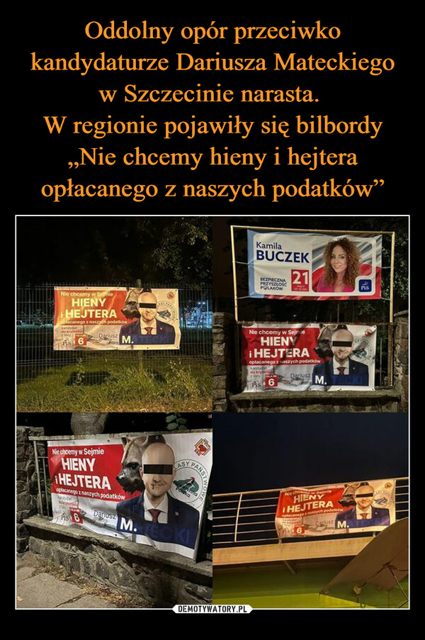 Oddolny opór przeciwko kandydaturze Dariusza Mateckiego w Szczecinie narasta. 
W regionie pojawiły się bilbordy „Nie chcemy hieny i hejtera opłacanego z naszych podatków”