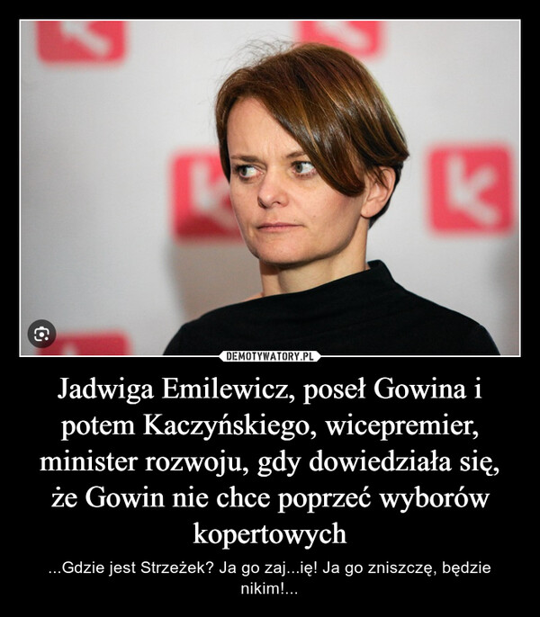 Jadwiga Emilewicz, poseł Gowina i potem Kaczyńskiego, wicepremier, minister rozwoju, gdy dowiedziała się, że Gowin nie chce poprzeć wyborów kopertowych